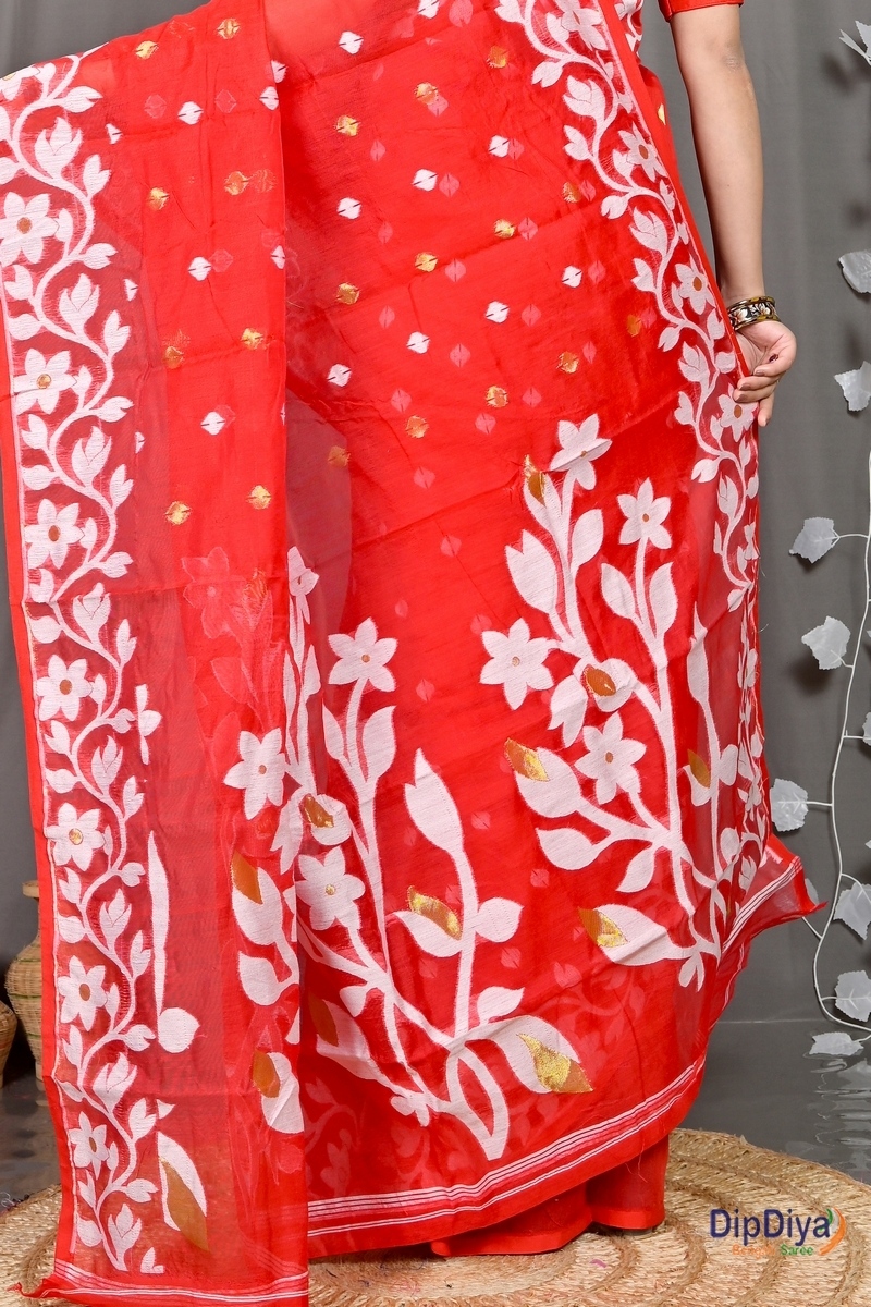 Red Cotton Blended Parinit Jamdani Saree (339)